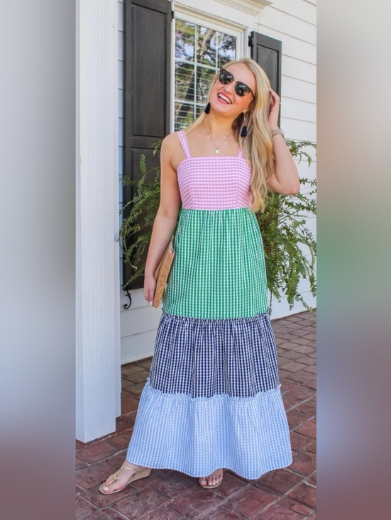 crown & ivy Dresses & Skirts - Crown & Ivy Tiered Gingham Maxi Dress Size XL Colorblock Cottagecore Cotton
